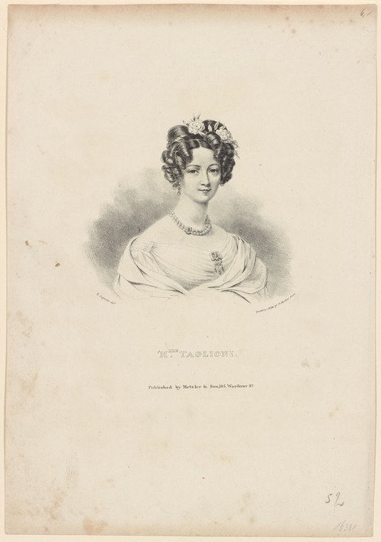 Portrait bust of a woman in white dress with elaborate hairstyle and tiara, in a lithograph or engraving.