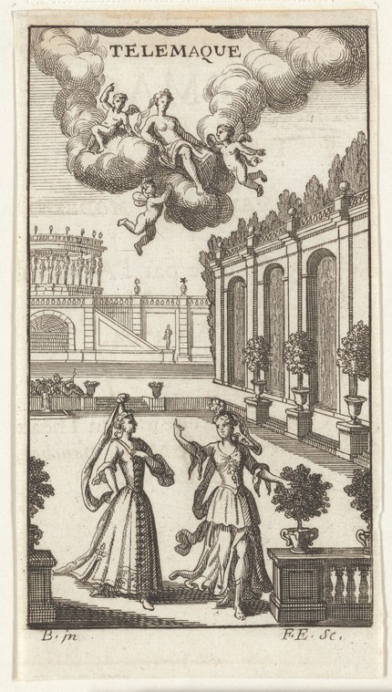 Two elegantly dressed figures gesture toward each other in a formal garden with classical arches; putti float above on clouds.