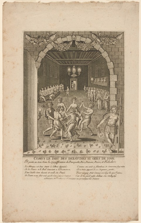Crowded hall scene with multiple figures in Renaissance dress dancing and merrymaking beneath a vaulted ceiling.