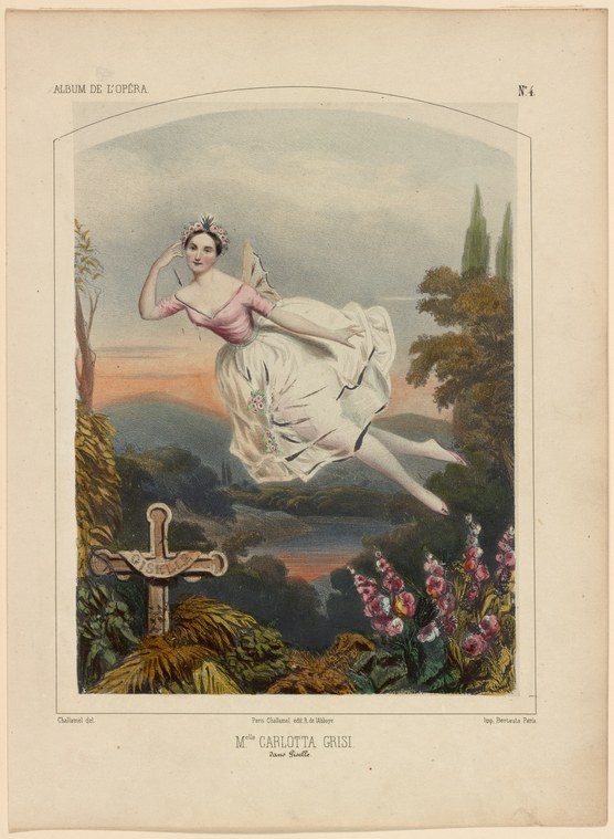 A young woman in a white tutu and pink bodice floats weightlessly above a misty landscape with a stone cross and cypress trees below.