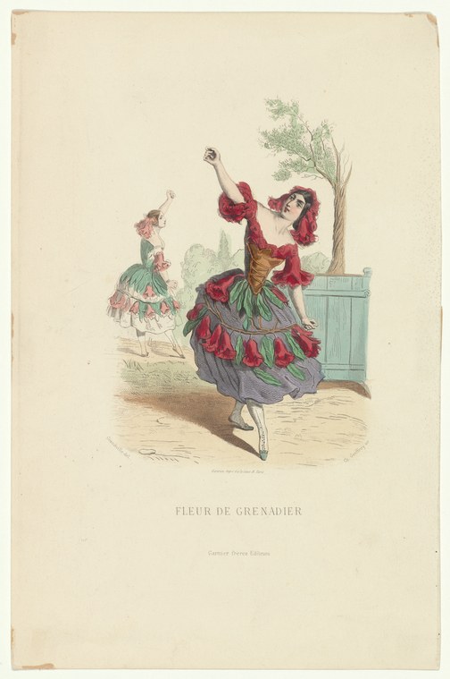 A woman in a red and gold theatrical costume mid-leap, arm raised high, set in a garden with a smaller figure watching from the left.