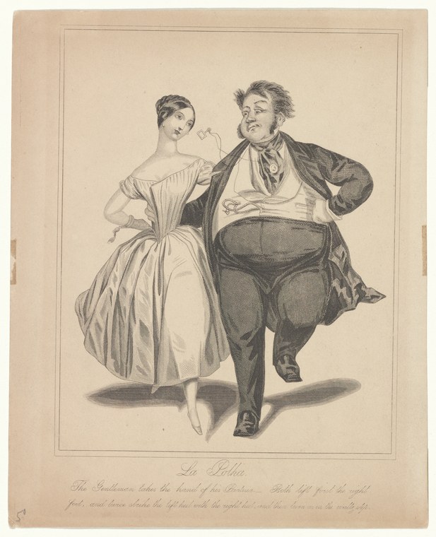 A portly man in a tailcoat and a slender woman in a high-waisted dress dance energetically, face to face, in an exaggerated satirical pose.