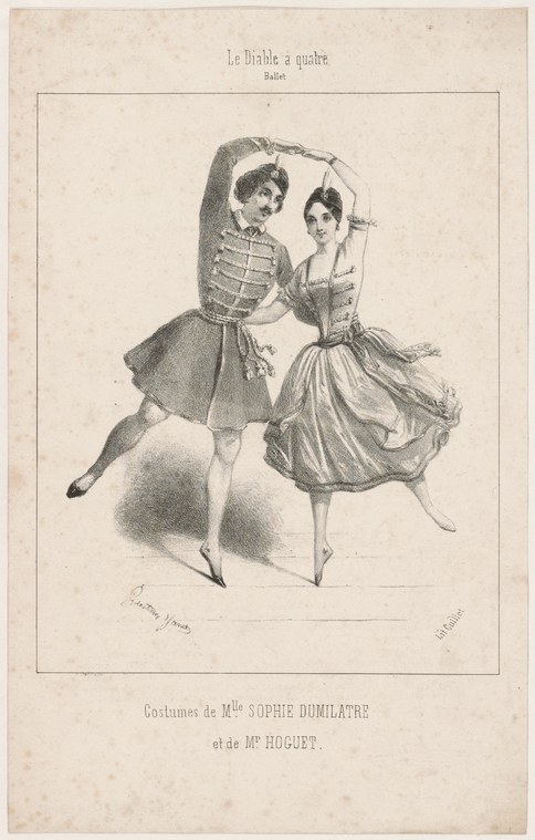 Two dancers in mid-movement: a man in tunic lunging forward, a woman in full-skirted dress receding, their bodies forming a chase or flirtation.