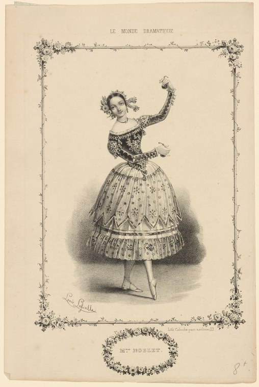 Engraved portrait of a young ballerina in Romantic-era costume, posed in an elevated arabesque position, surrounded by a decorative floral border.