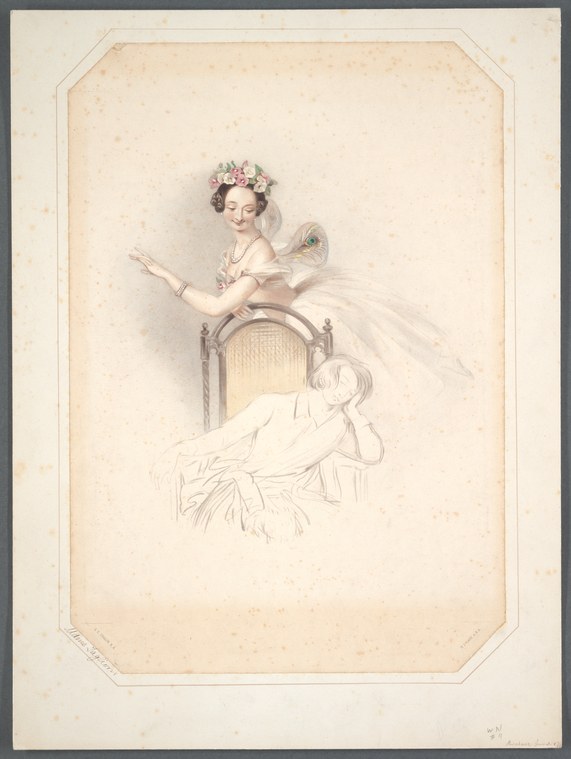 A young woman in a tulle ballet costume with a flower crown stands elevated on a chair, holding a feathered fan, with a reclining male figure sketched below