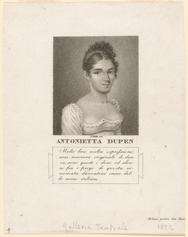 Stipple engraving of a young woman in Regency dress, identified as dancer Antonietta Dupen, published by Ricordi of Milan.