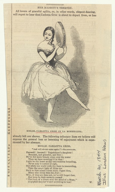 Engraved portrait of a young woman in a short white tulle skirt and dark bodice, holding a mirror, standing against a plain background.