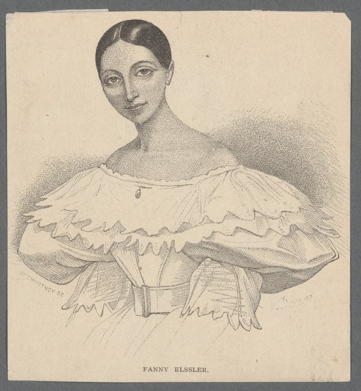 Engraved portrait of Fanny Elssler in Romantic ballet costume with off-shoulder bodice and tiered tutu.