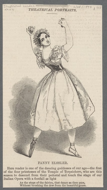 Engraving of a ballerina in mid-leap, arms raised, wearing a white tulle skirt and floral crown.