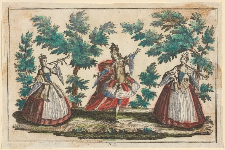 Three women in red and white court dress perform Baroque dance movements amid pastoral trees; the central figure spins with raised arm while flanking figures