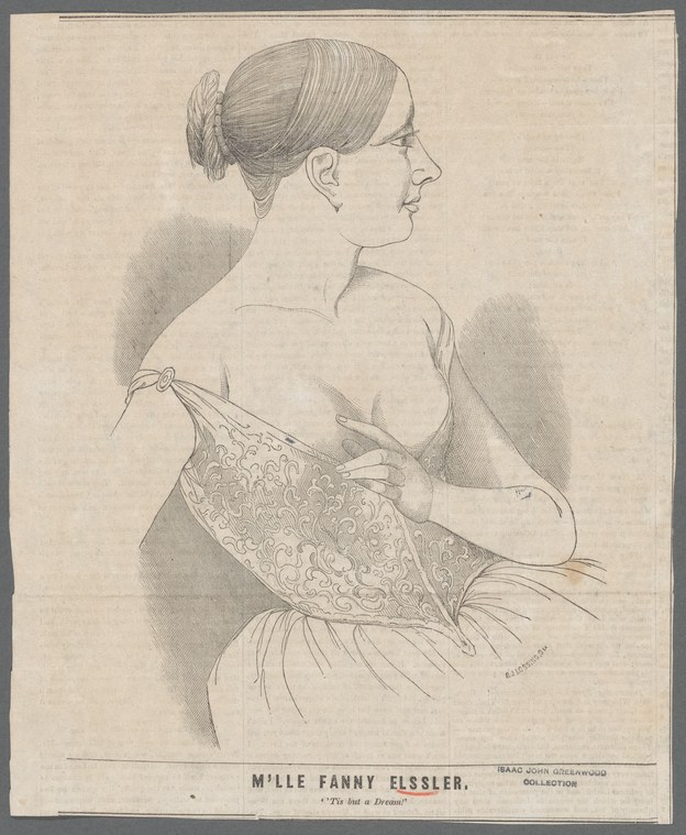 Portrait of a woman in profile, drawn in graphite, with hair in a chignon and ornate patterned garment.