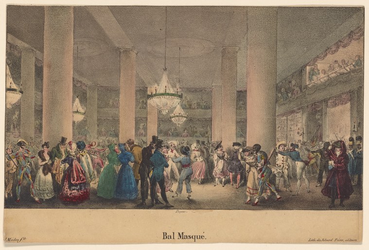 Crowded masquerade ball in a grand columned hall; costumed couples in bright dresses waltz while onlookers cluster around the perimeter.