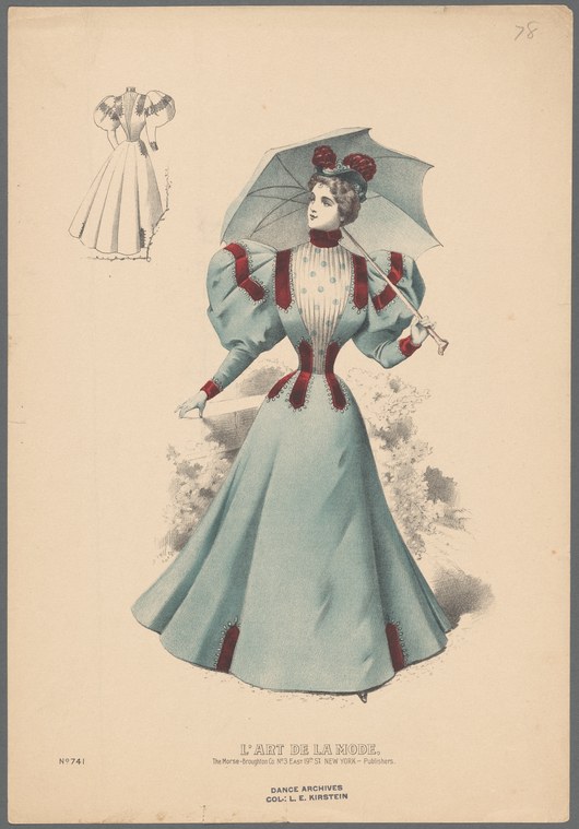 Woman in pale blue 1890s day dress with large red-trimmed sleeves, holding a parasol, in a fashion illustration.