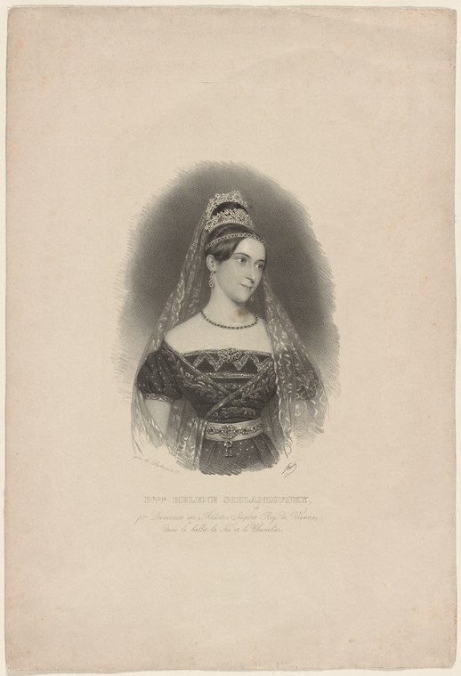 Engraved portrait of a young woman in Romantic ballet costume as a fairy, with tiara, veil, and embroidered bodice, gazing upward.