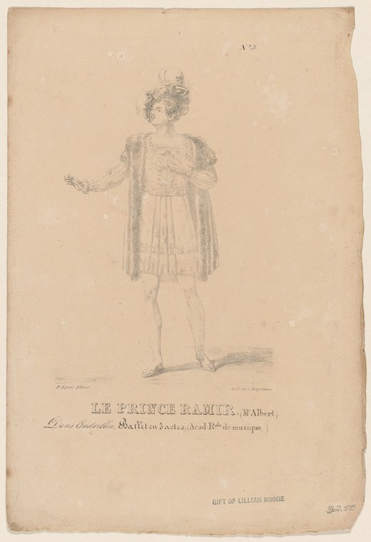 A man in romantic-era prince costume—ornate tunic and flowing cape—stands in formal three-quarter pose with one arm extended.