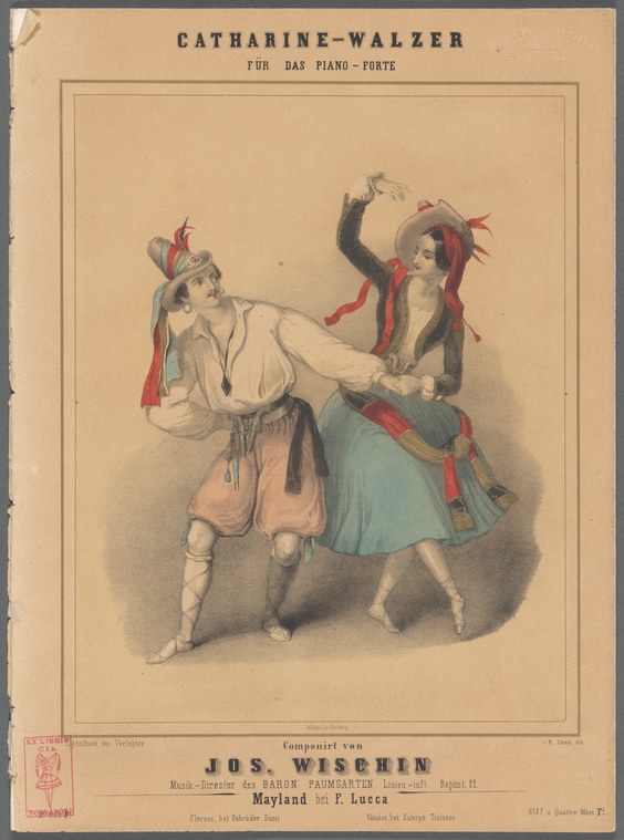 Hand-colored lithograph of a couple in Romantic-era costume performing a waltz, the woman's skirt swirling as they rotate together.