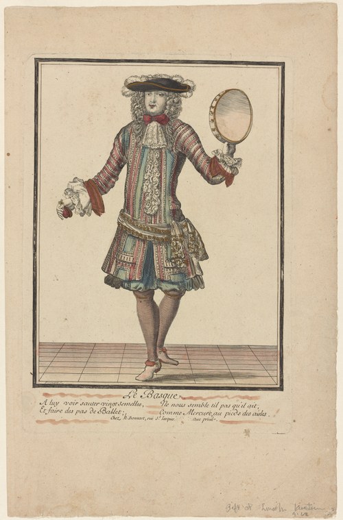 Hand-colored engraving of a single figure in ornate early 18th-century coat and hat, holding a mirror, posed in a theatrical strut on a tiled floor.