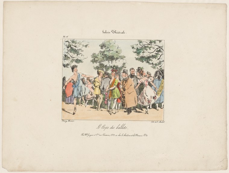 A group of fashionably dressed men and women gather conversationally beneath trees in early 19th-century clothing.