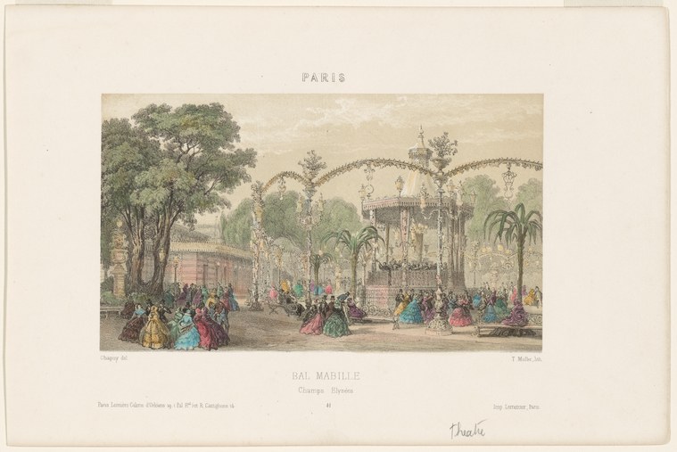 Hand-colored lithograph of couples dancing in a gaslit garden pavilion at the Bal Mabille, Paris, women in enormous crinolines.