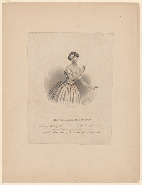 A woman in white tulle skirt and off-shoulder bodice, posed in classical ballet stance, one arm extended, in an engraving