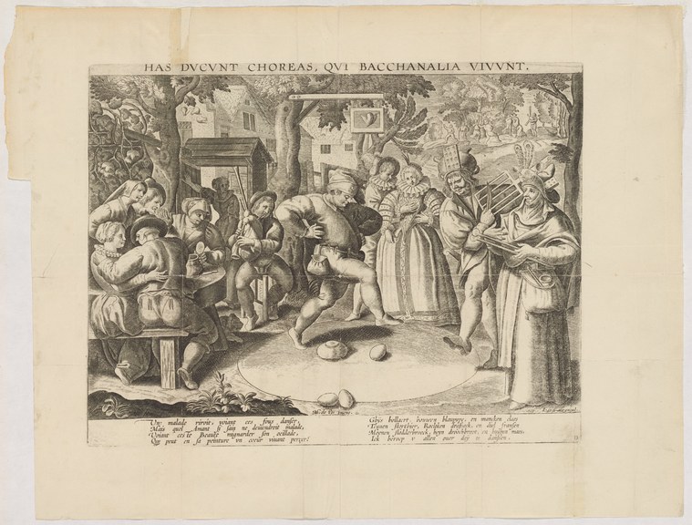 Engraving of a crowd gathered in a garden watching a figure bending toward eggs scattered on the ground.