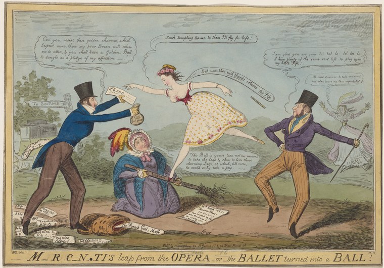 Hand-colored engraving: a woman in mid-air, arms and legs splayed, while two men in top hats reach toward her; a seated woman watches from below.