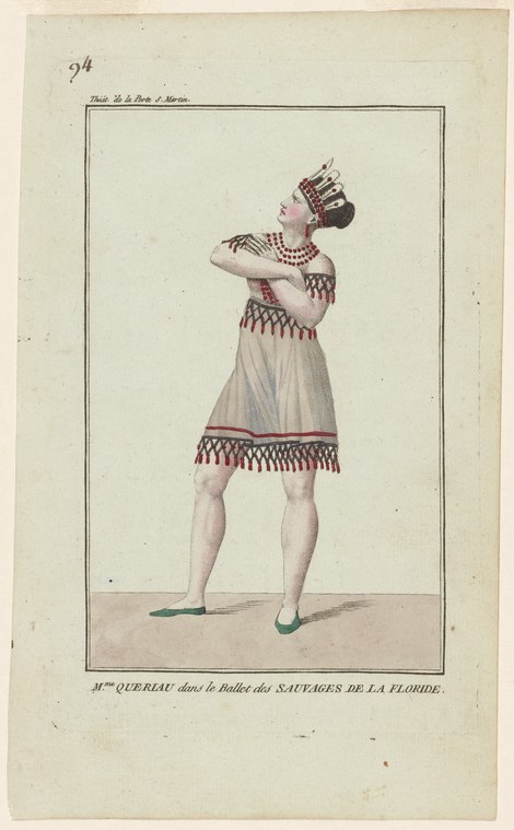 Woman in feathered headdress and patterned indigenous-style costume stands in frontal pose with raised arm, theatrical engraving.