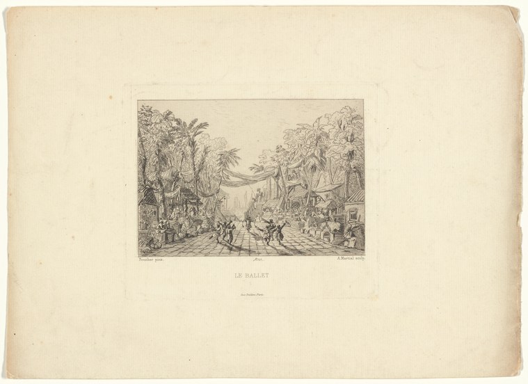 Engraving of an outdoor ballet performance in a tree-lined avenue, with dancers in light costumes performing for a gathered court audience.