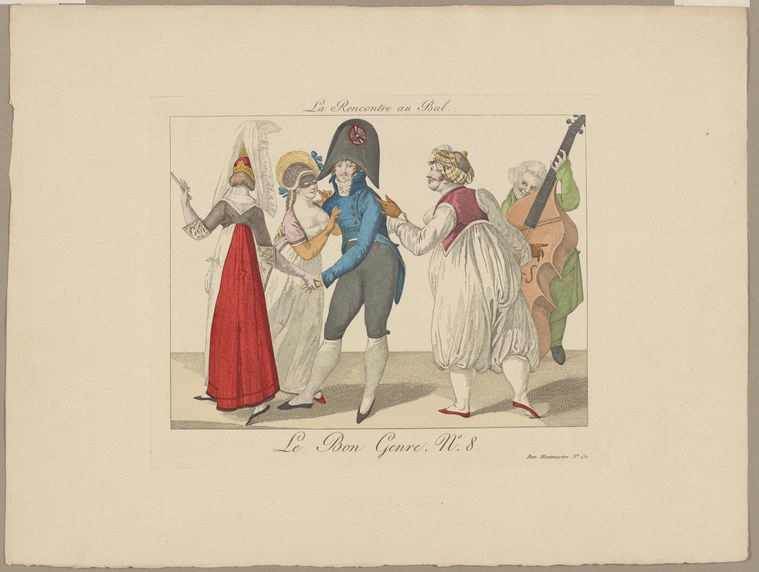Five Regency-era figures in a ballroom: officer in blue uniform invites a woman in white and red cloak; two other women and a musician attend.