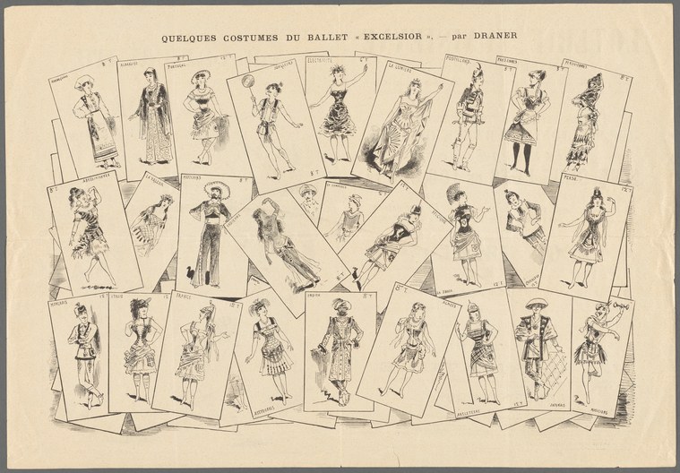 Thirty numbered costume designs for *Excelsior*, arranged in three rows. Each figure wears ornate historical or fantastical dress, standing in balletic poses