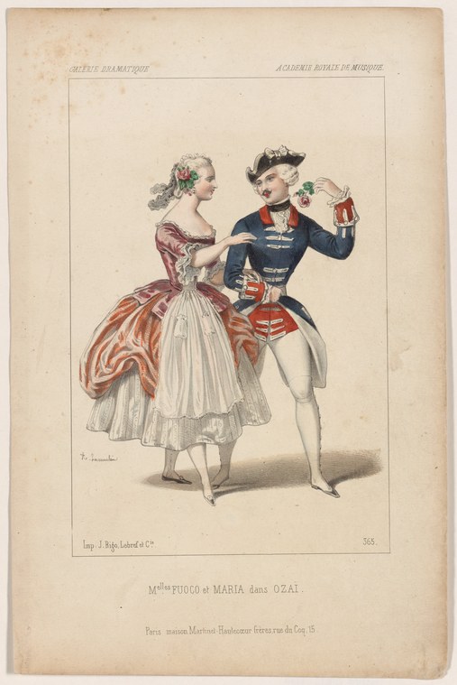 A military officer in formal dress stands beside a woman in an elaborate ball gown with a rust and white skirt, in a theatrical print.