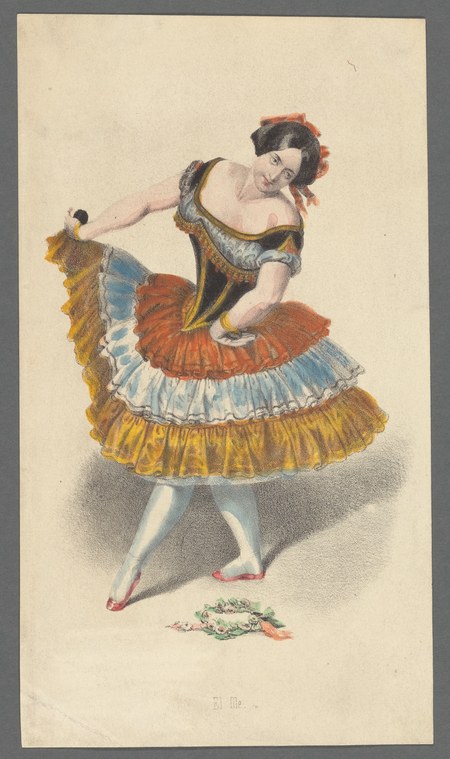 Hand-colored print of a woman in black bodice and tiered red, blue, and gold ruffled skirt, holding a fan, posed in theatrical stance.