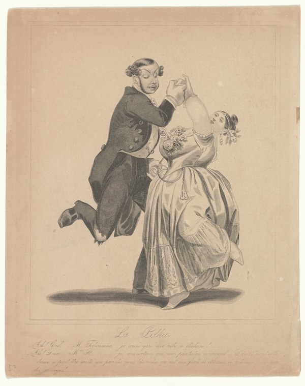 A man in dark formal dress kneels in supplication before a standing woman in a pale gown who turns away in coquettish dismissal.
