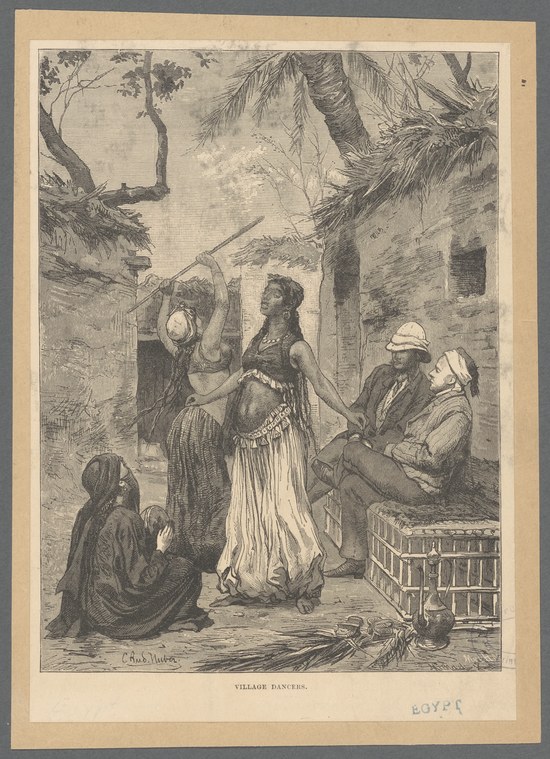 Wood engraving of five figures in a Mediterranean courtyard: a woman in a light dress dances with arms raised while others watch and play music.