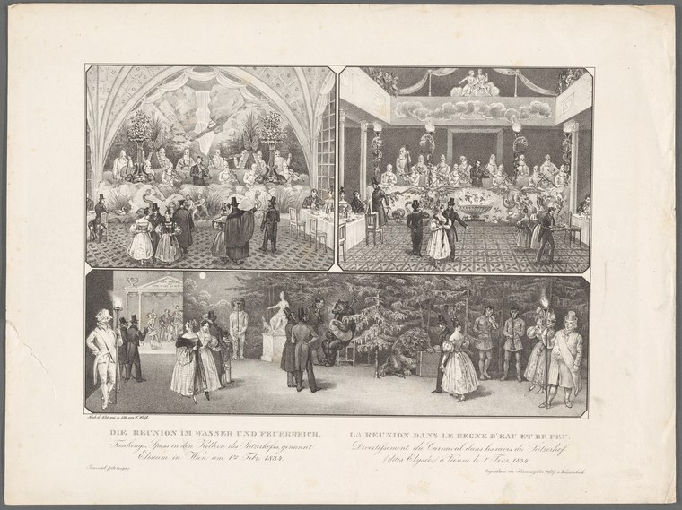 Three-panel engraving of 17th-century court scenes: indoor vaulted hall, formal ballroom, and garden promenade with aristocratic figures in formal dress
