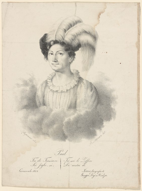 Regency-era portrait of a young woman in white muslin dress with ornamental plume headdress, rendered in fine pencil against a clouded background.