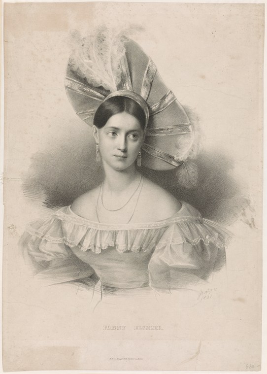 Portrait of a woman with dark hair wearing an enormous pleated circular headdress and an off-shoulder dress with gathered neckline.