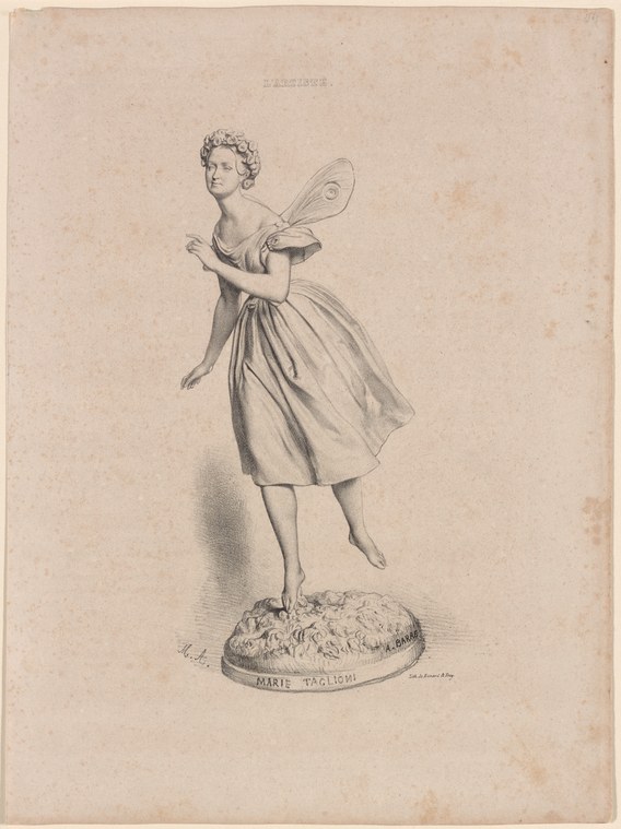 Young woman in 1830s dress holding a hand mirror, standing in a graceful ballet pose with one leg lifted.