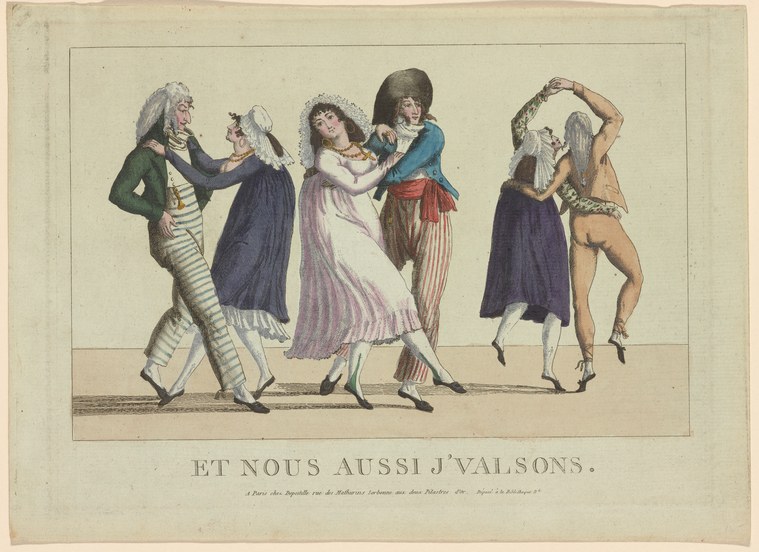 Hand-colored engraving: five figures in Regency dress; central couple waltzing in closed frame, surrounded by gesturing figures; classical male figure at right