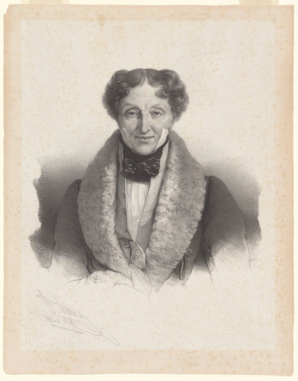 Formal engraved portrait of a man in Regency dress with fur-lined wrap, direct gaze, dark wavy hair, facing the viewer.