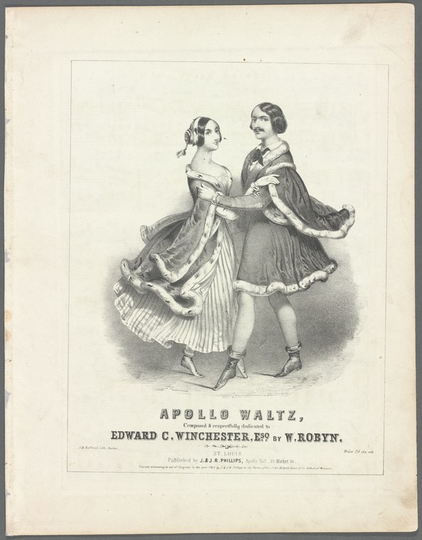 Two women in 1840s ballroom dress stand facing each other in a moment of social greeting, their arms extended toward one another.