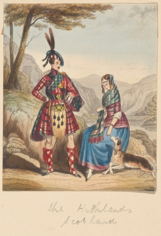 Two Highland Scottish figures in tartan dress beneath a tree in a mountainous landscape; standing figure in kilt and bonnet, seated figure in plaid shawl.
