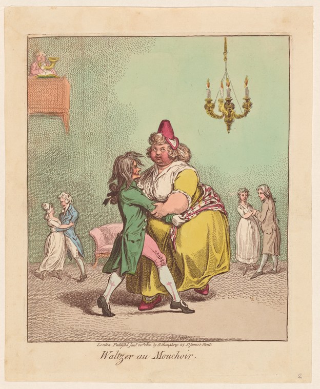 Hand-colored engraving of a man in a red cap embracing a girl in green, surrounded by young observers in a pale interior with a chandelier.