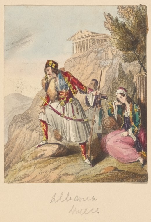 A figure in elaborate classical theatrical costume stands before the Parthenon, flanked by two attendants in simpler dress.