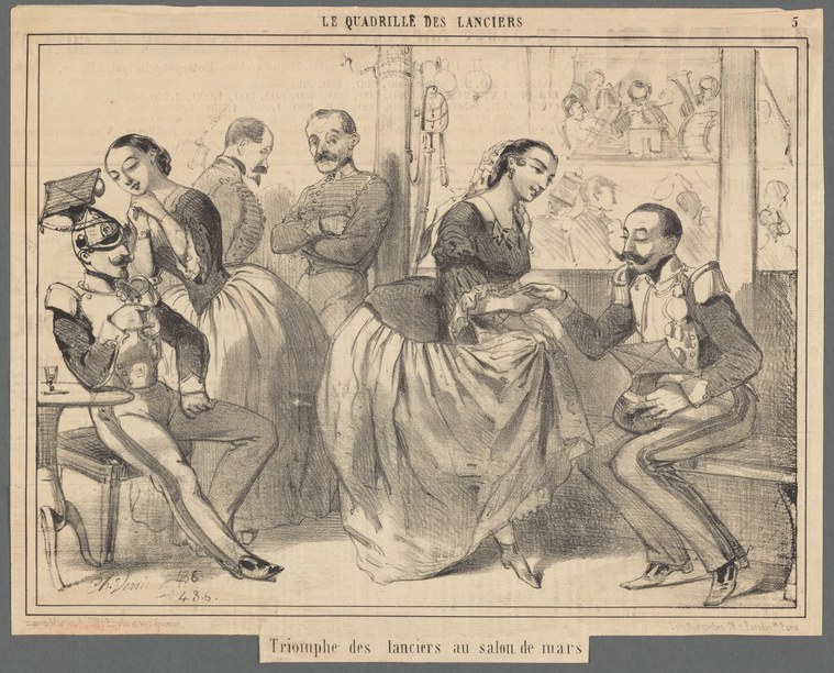 Military officers and women in 19th-century dress gathered in a ballroom; a woman in a white gown stands at center while seated officers gaze toward her.