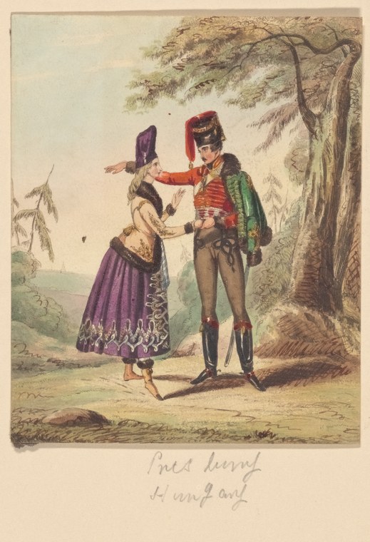 A military officer and fashionably dressed woman gesture toward each other beneath trees, suggesting a Regency-era ballroom encounter.