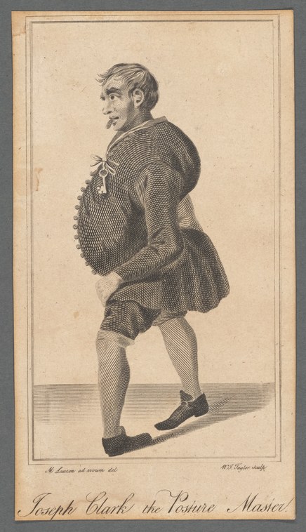 An engraved portrait of a man in 18th-century dress leaning forward with arched back, demonstrating formal posture.