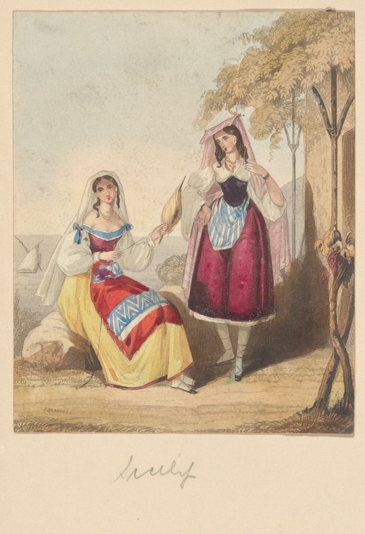 Two women in folk costume converse beneath a tree in a Mediterranean landscape; one stands, one sits.