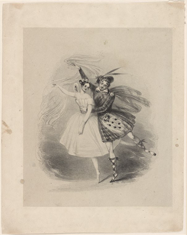 Two ballet dancers suspended in an engraving: a woman in white tulle poised in the air, supported by a man in darker ornate costume.