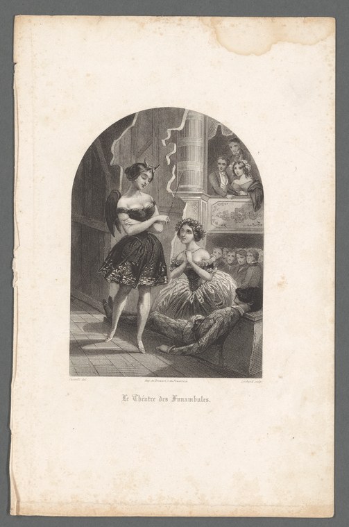 Engraved theatrical scene: standing woman in ornate skirt faces seated man gesturing expressively; spectators watch from arched booth behind them.